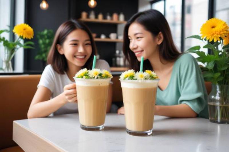 Hình ảnh giới trẻ Việt Nam đang vui vẻ thưởng thức trà sữa cùng bạn bè tại quán